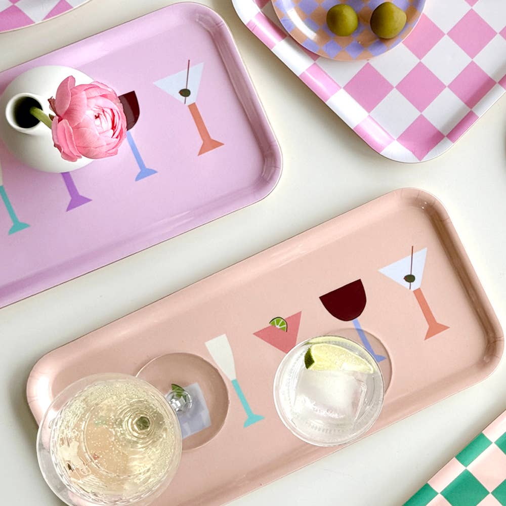 Plateau de service rectangulaire rose avec motifs cocktails - 32 x 15 cm