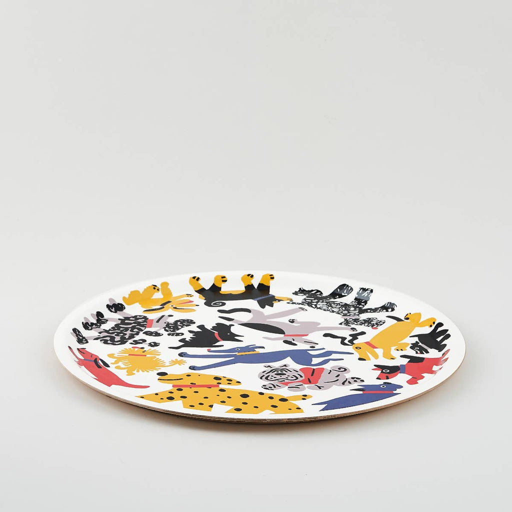 Plateau rond large 38 cm en bouleau avec chiens