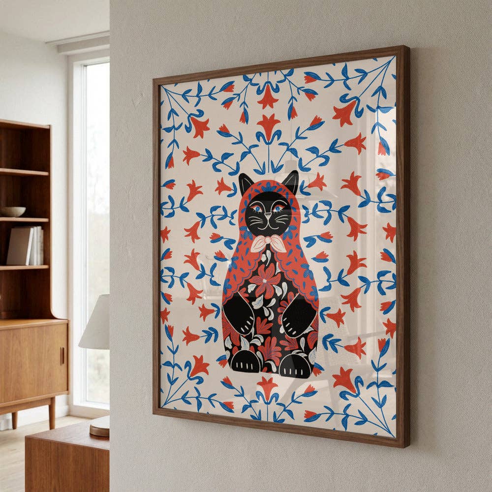 Affiche artistique — Portrait folklorique de chat en poupée russe — Décor folklorique naïf: Pas de cadre / 30 x 40 cm