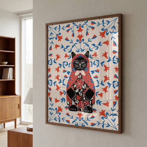 Affiche artistique — Portrait folklorique de chat en poupée russe — Décor folklorique naïf: Pas de cadre / 30 x 40 cm