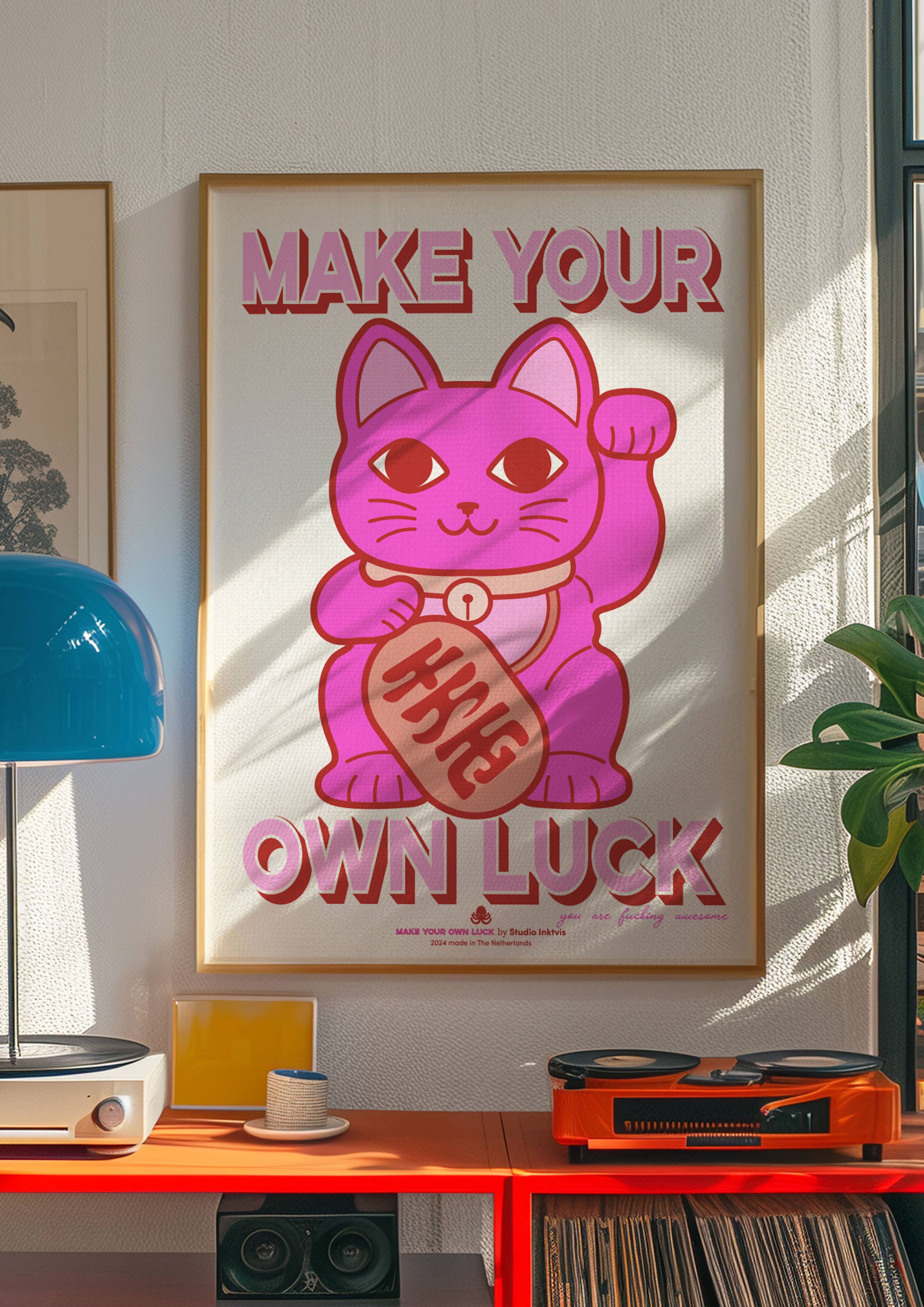Affiche Riso Maneki Neko chat porte-bonheur rose néon - tirage art A3