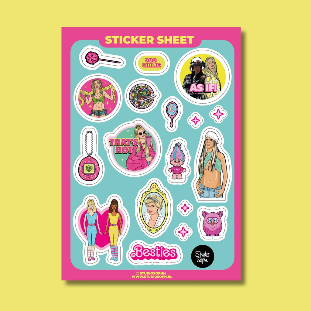 Planche d'autocollants A5 «girly» de la culture pop des années 90: Emballé sans gaine en plastique
