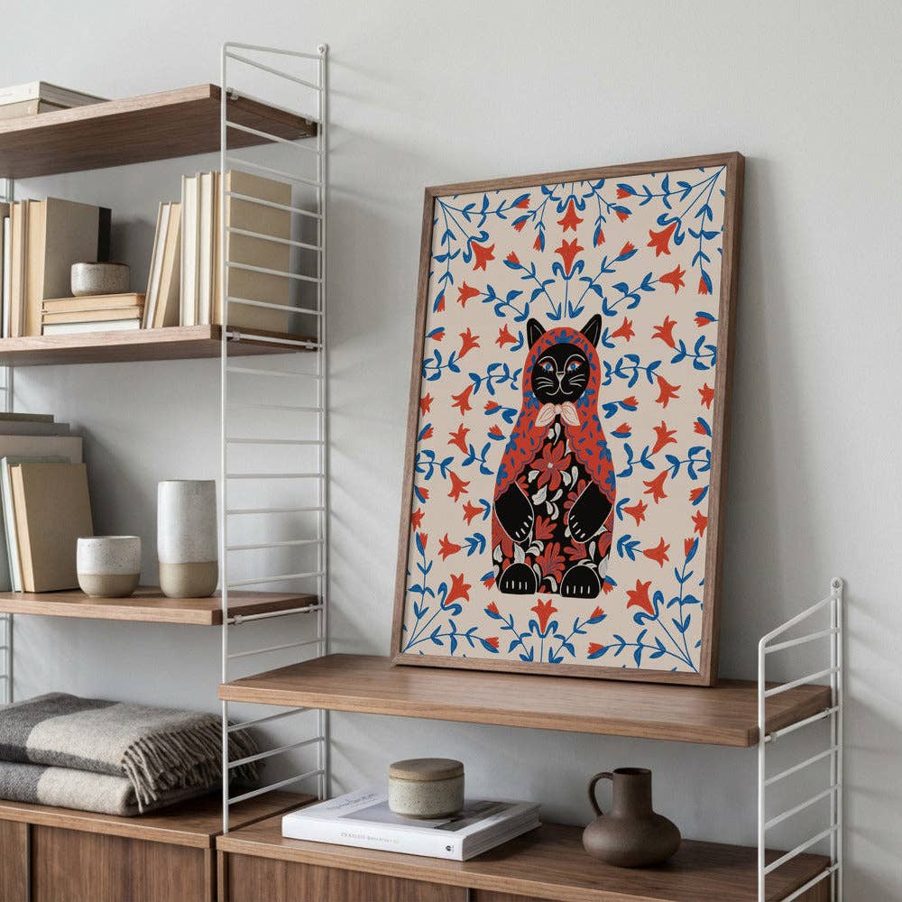 Affiche artistique — Portrait folklorique de chat en poupée russe — Décor folklorique naïf: Pas de cadre / 30 x 40 cm