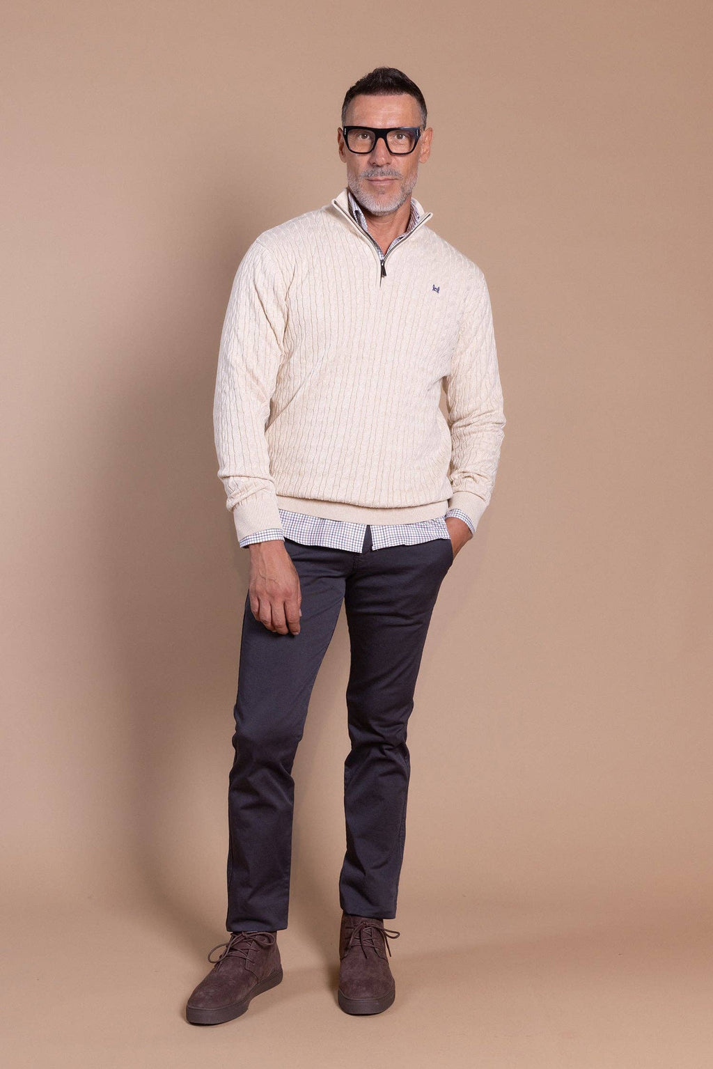 Pull à torsades, demi‑fermeture éclair, crème: 4XL