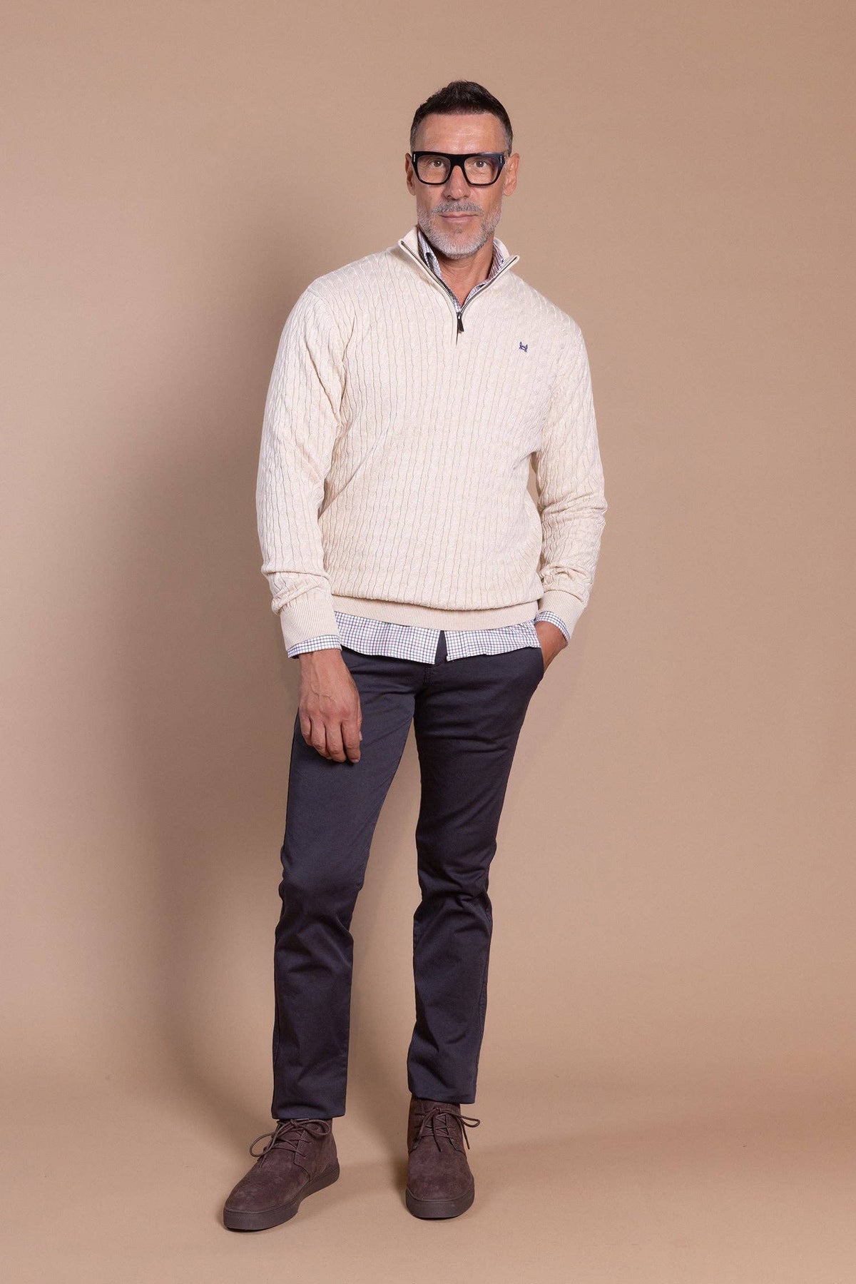 Pull à torsades, demi‑fermeture éclair, crème: 4XL