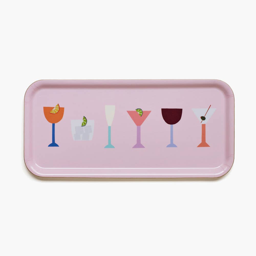 Plateau de service rectangulaire rose avec motifs cocktails - 32 x 15 cm