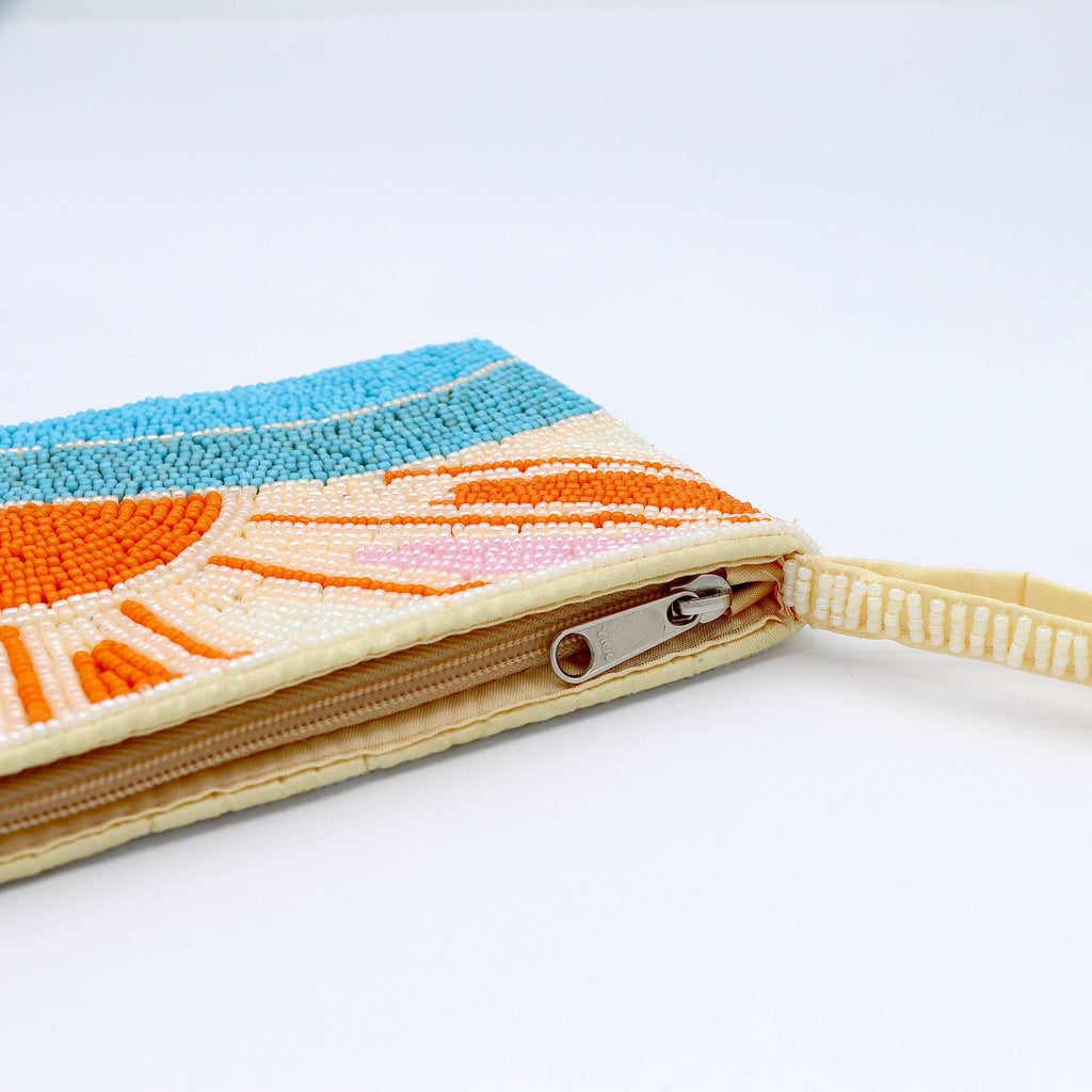Grande pochette perlée motif lever de soleil, accessoires de plage faits main: Orange