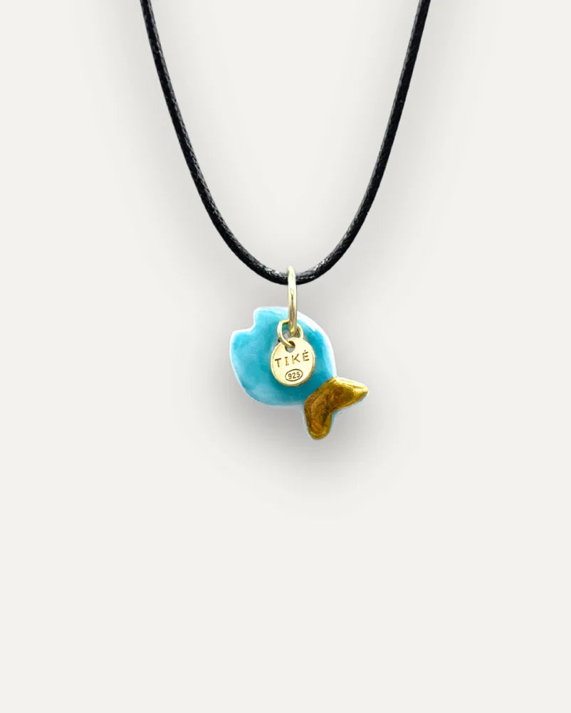 Pendentif en porcelaine Poisson turquoise et doré