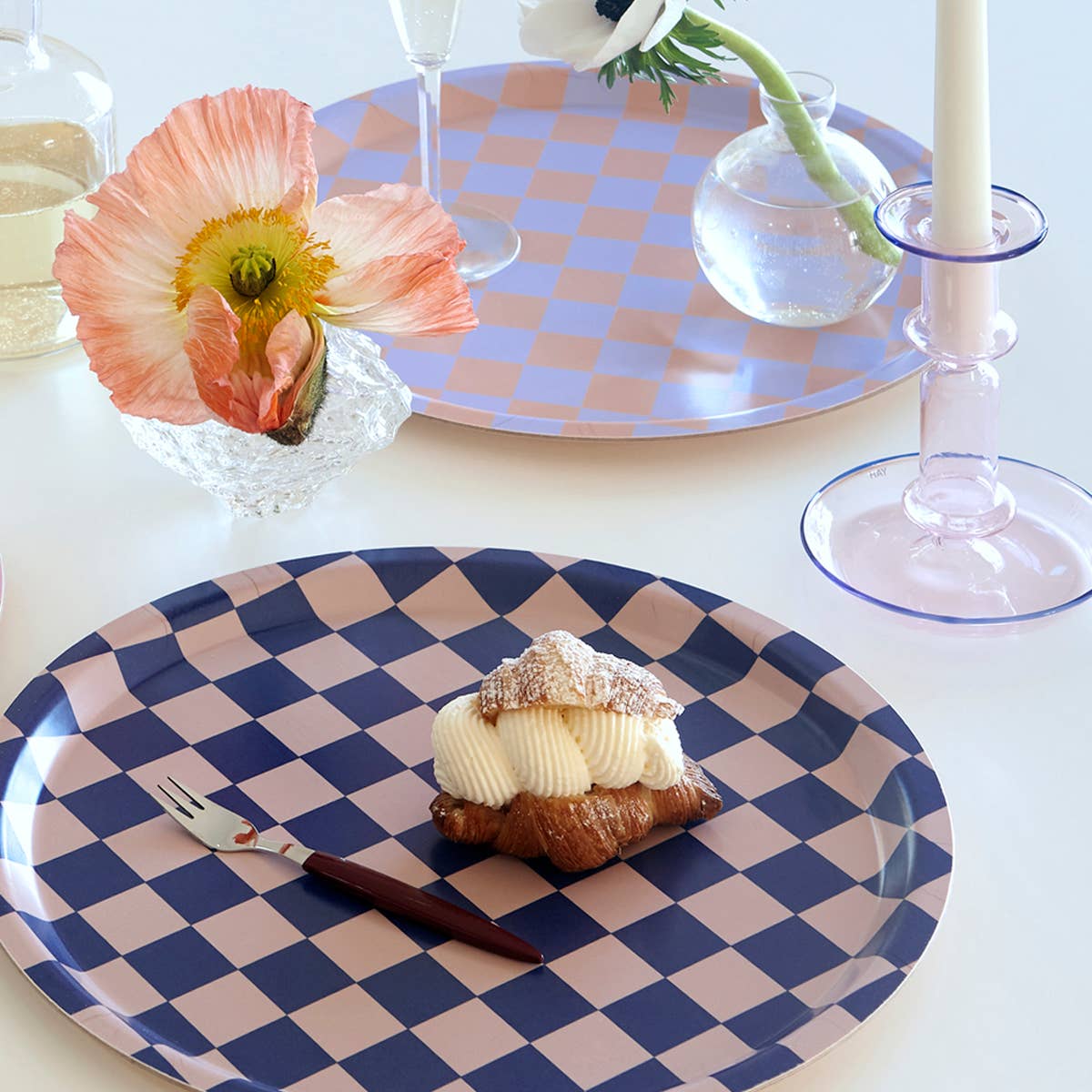 Plateau rond Checker Indigo/Amande - 31 cm