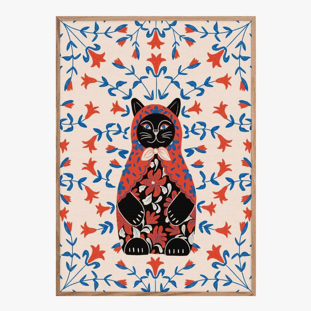 Affiche artistique — Portrait folklorique de chat en poupée russe — Décor folklorique naïf: Pas de cadre / 30 x 40 cm