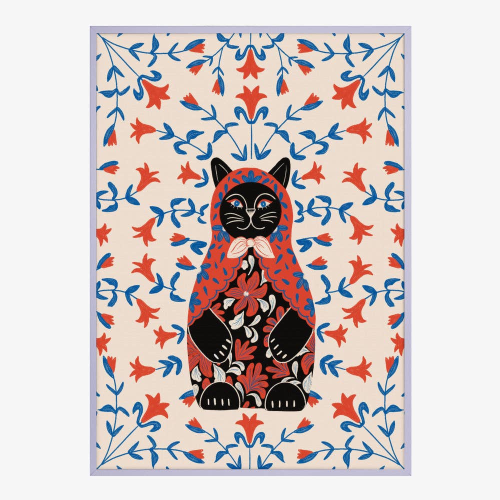 Affiche artistique — Portrait folklorique de chat en poupée russe — Décor folklorique naïf: Pas de cadre / 30 x 40 cm