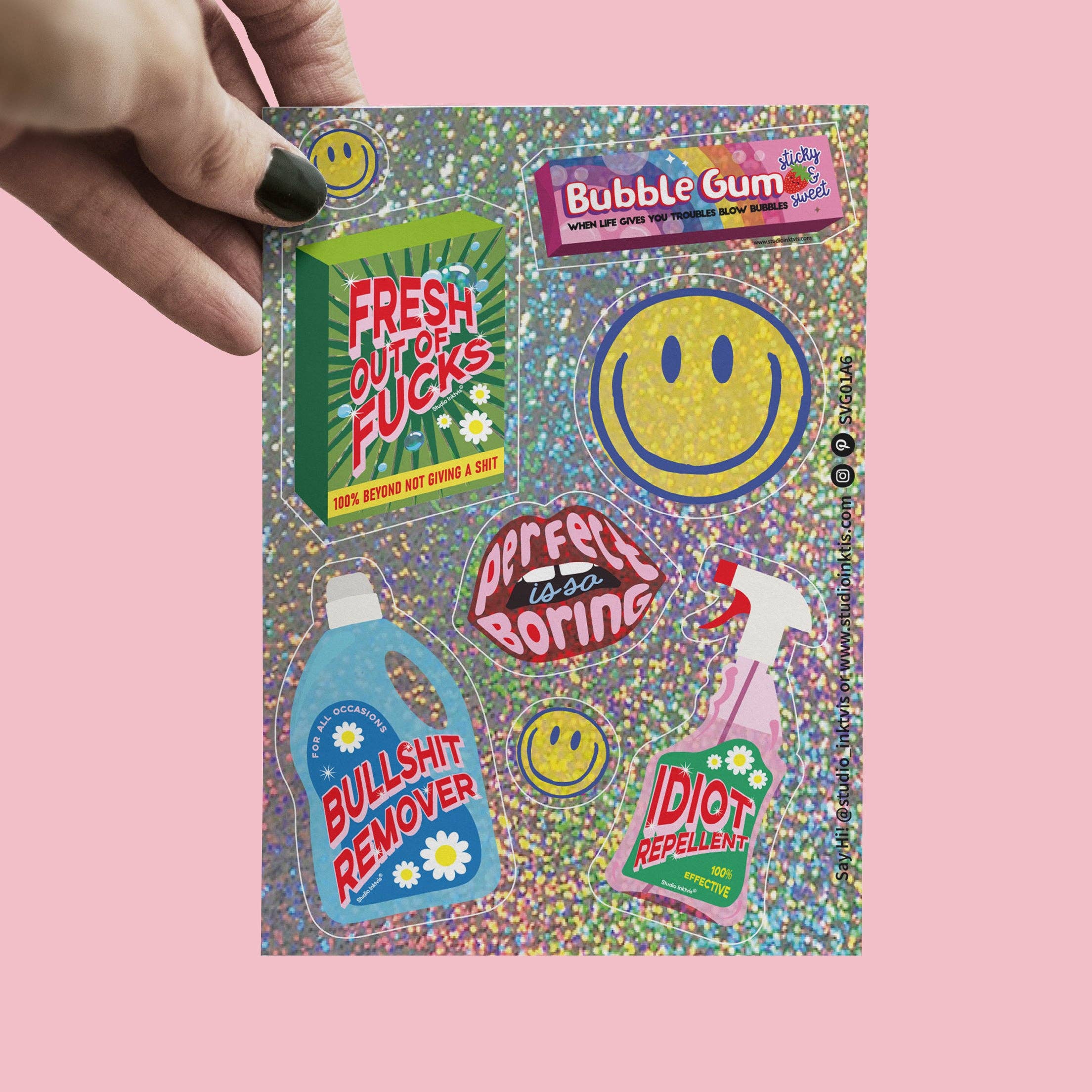 Feuille d'autocollants pailletés – Énoncés souriants et sarcastiques