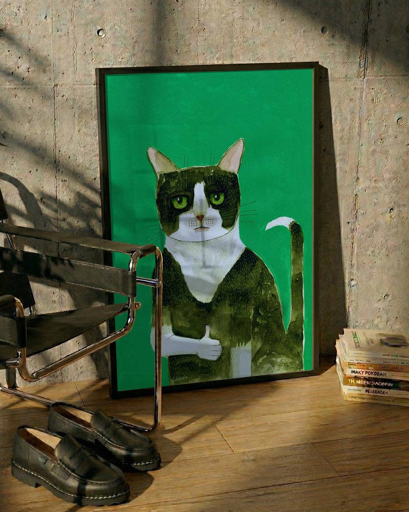 Affiche artistique — Chat en smoking, pouce levé : aquarelle fantaisiste: Pas de cadre / 30x40 cm
