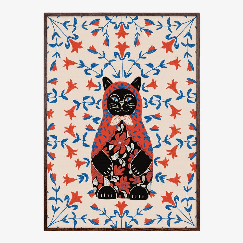 Affiche artistique — Portrait folklorique de chat en poupée russe — Décor folklorique naïf: Pas de cadre / 30 x 40 cm