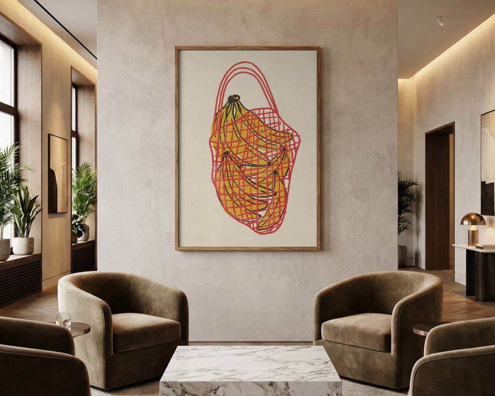 Tirage d'art « Bananes dans un filet rouge » — Décor de cuisine naïf: Pas de cadre / 30 x 40 cm