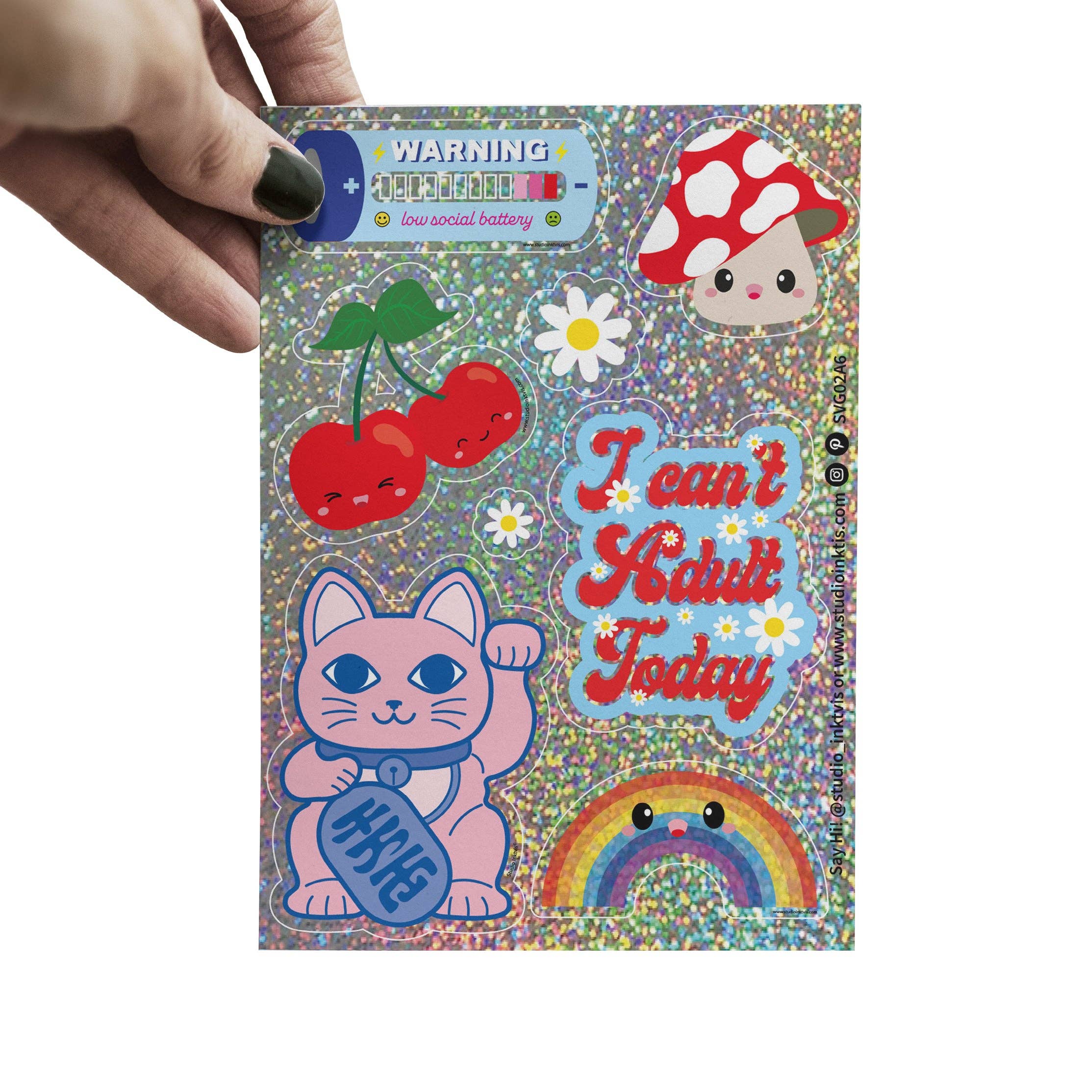 Feuille d'autocollants pailletés Maneki Neko, fleurs et plus