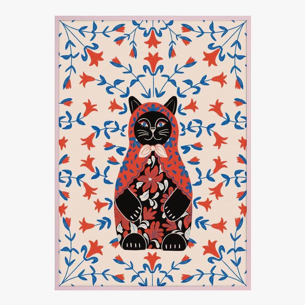 Affiche artistique — Portrait folklorique de chat en poupée russe — Décor folklorique naïf: Pas de cadre / 30 x 40 cm