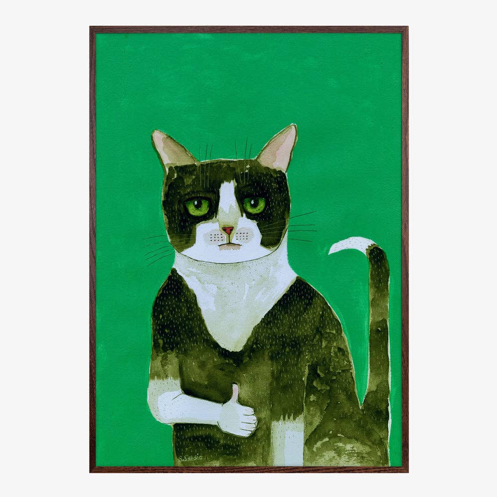 Affiche artistique — Chat en smoking, pouce levé : aquarelle fantaisiste: Pas de cadre / 30x40 cm