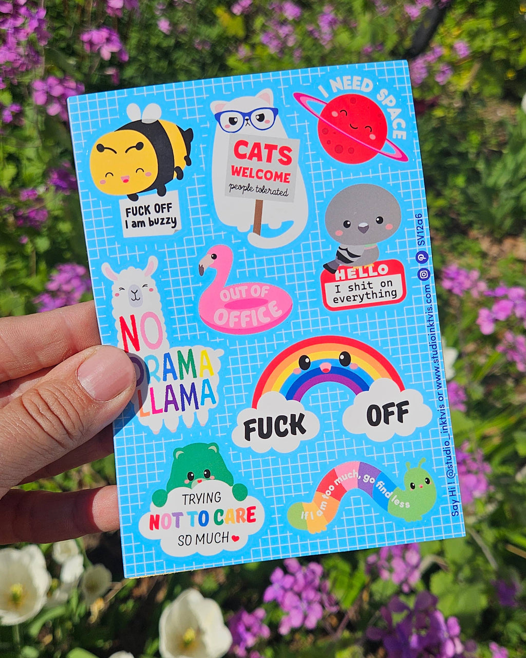Planche d'autocollants de bienvenue du Chat-Llama mignon et impertinent « Pas de drame »