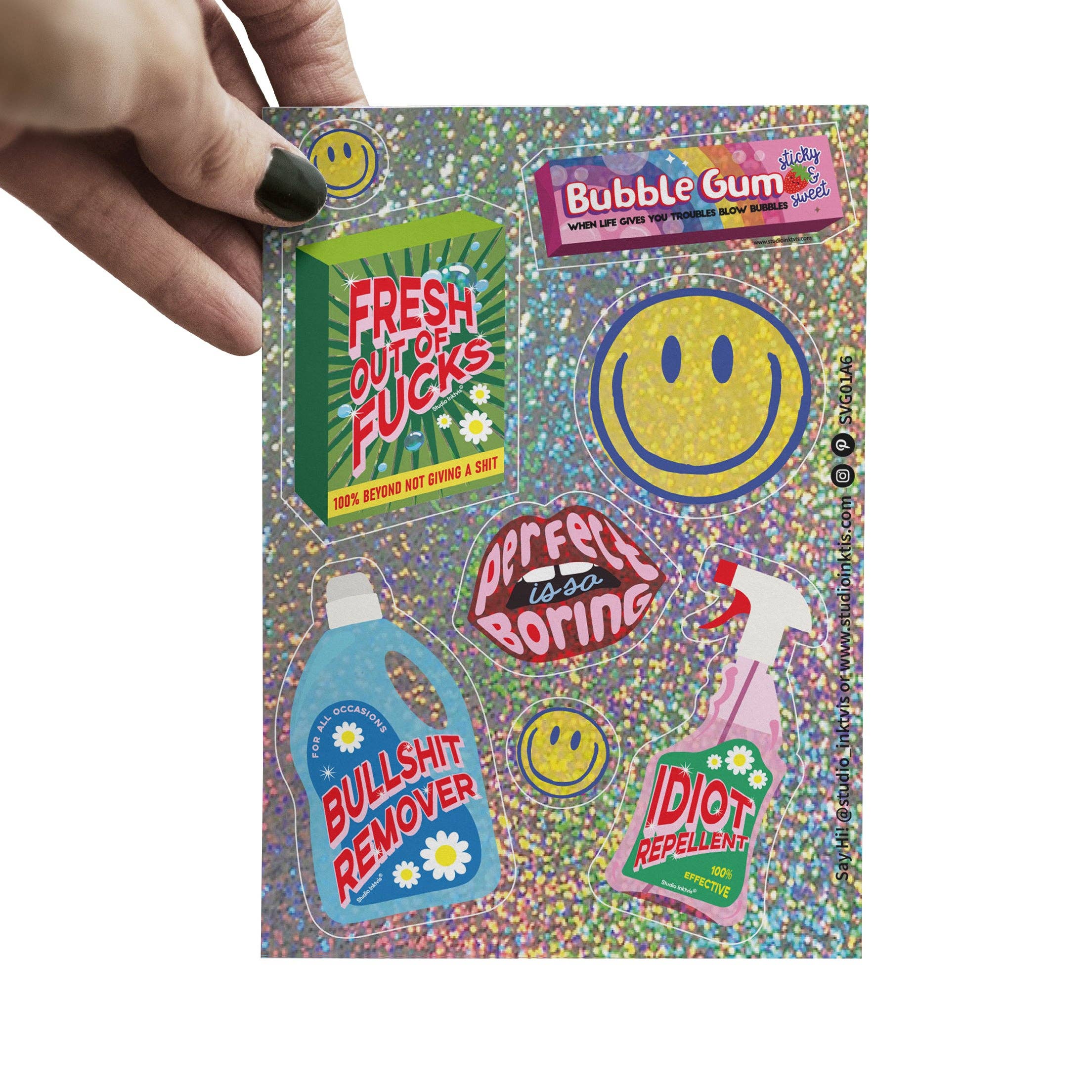 Feuille d'autocollants pailletés – Énoncés souriants et sarcastiques