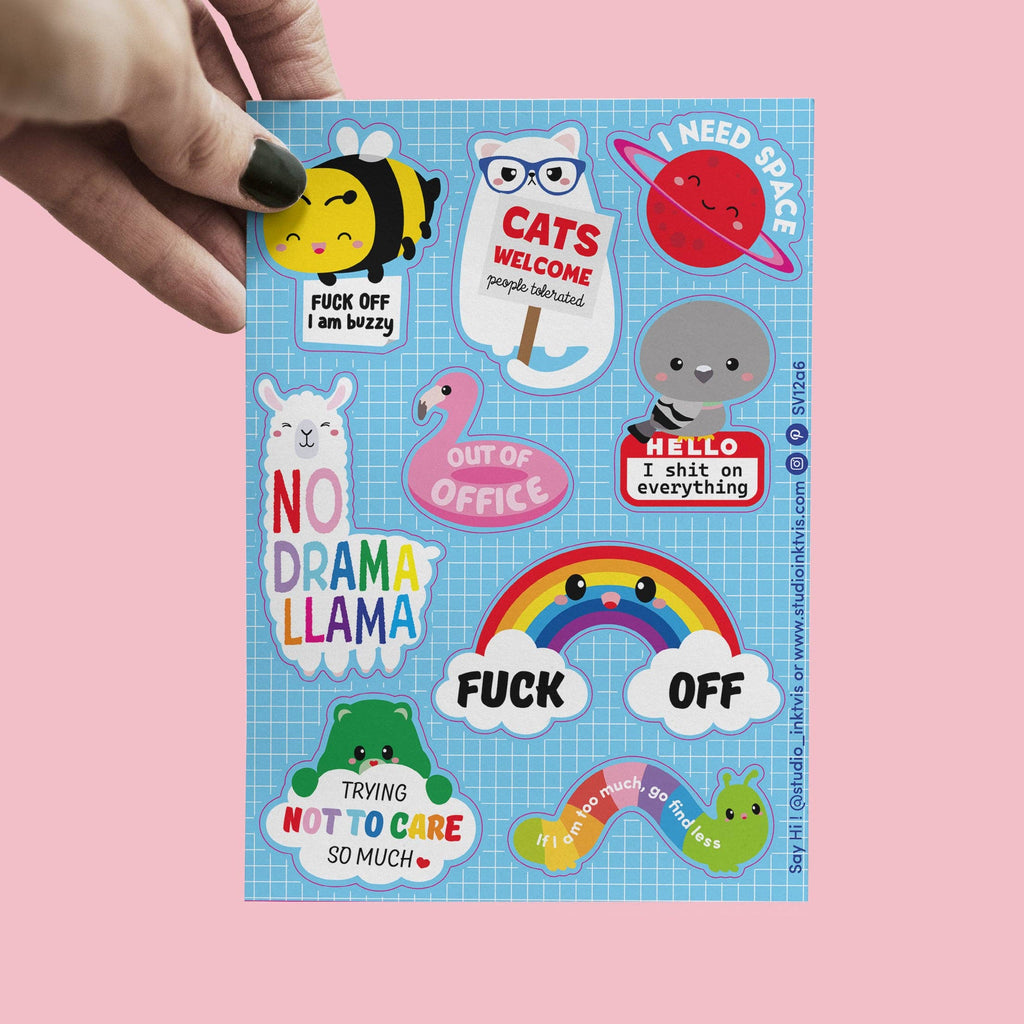 Planche d'autocollants de bienvenue du Chat-Llama mignon et impertinent « Pas de drame »