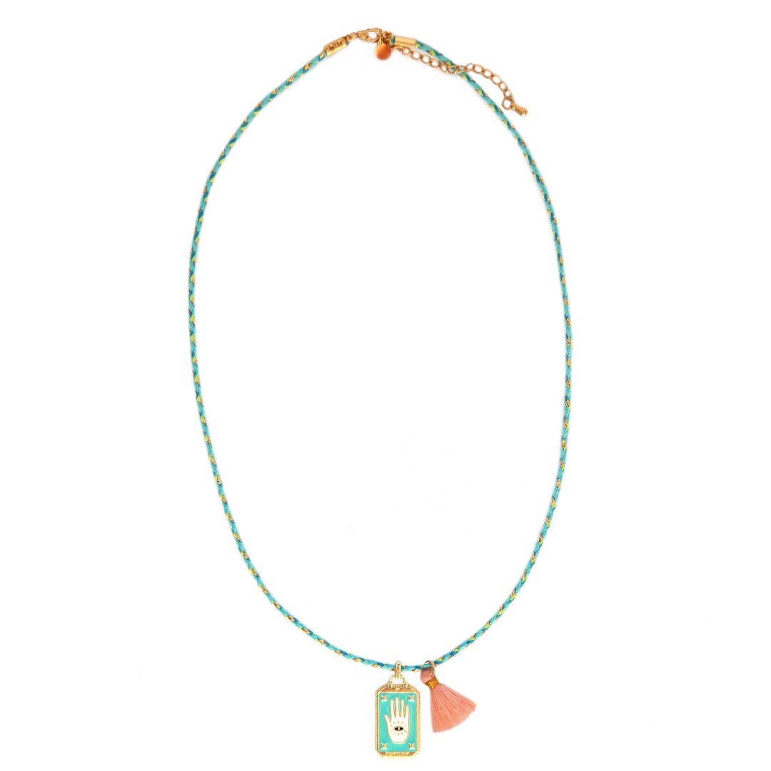 Collier gypsy turquoise avec breloque porte-bonheur