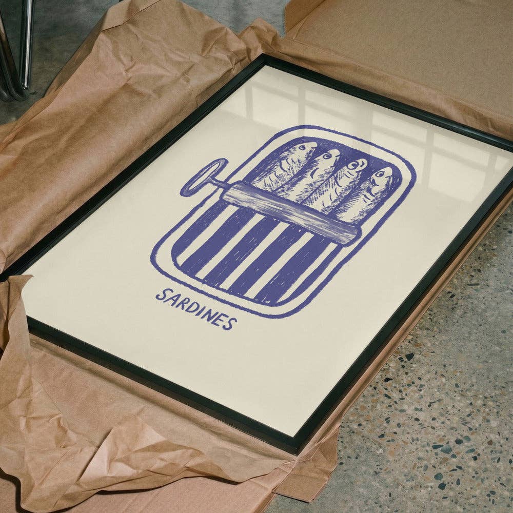 Affiche artistique « boîte de sardines bleue » — Linogravure pour la cuisine: Pas de cadre / 30x40 cm