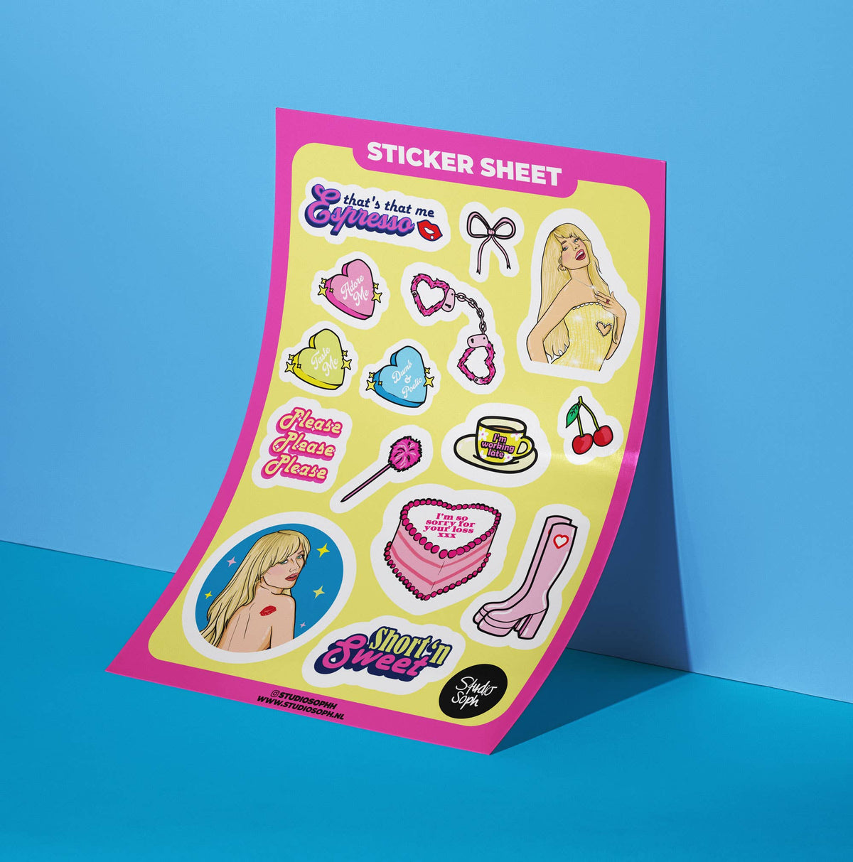 Feuille d'autocollants A5 Pop Girl Rose Jaune: Emballé avec une pochette en plastique