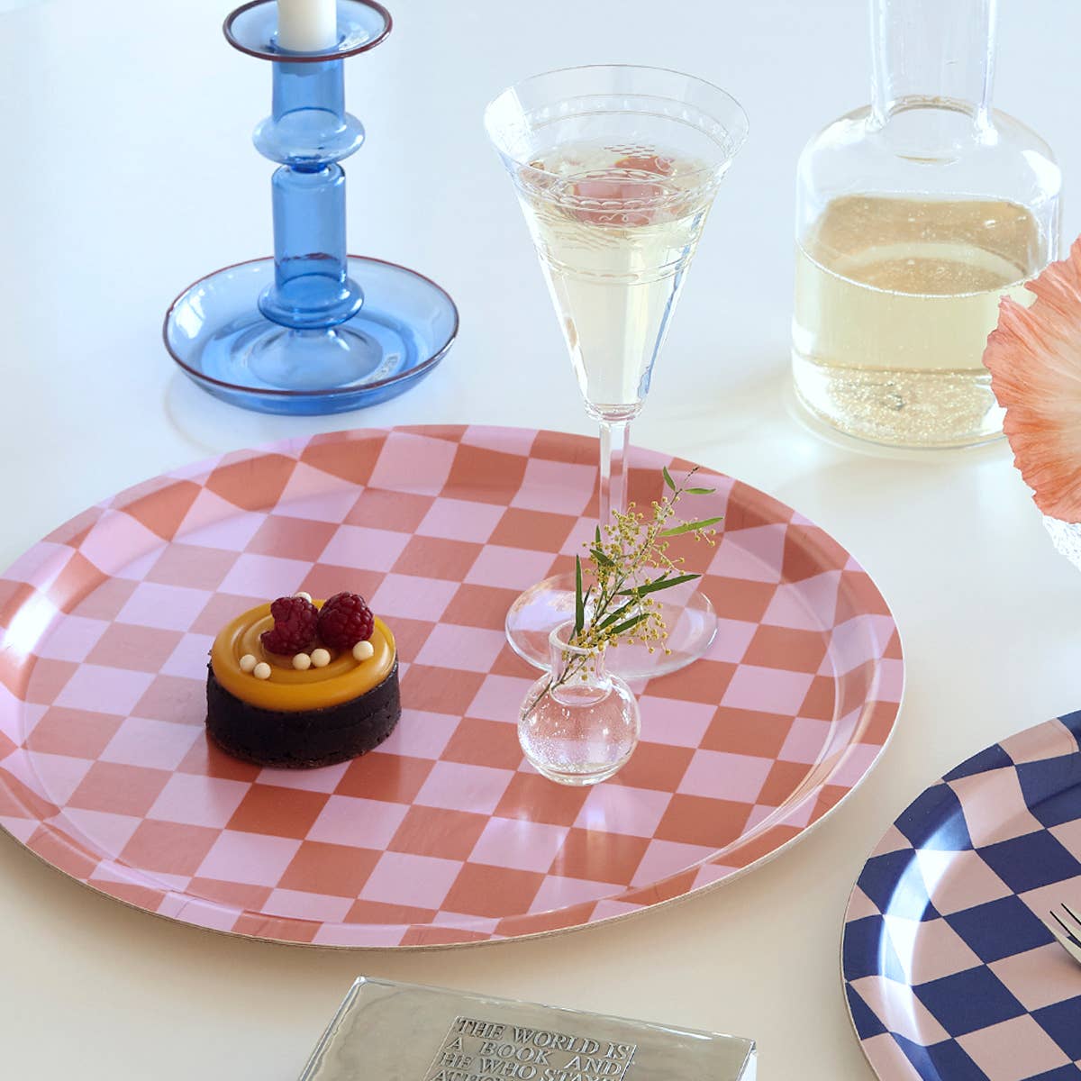 Plateau de service rond CHECKER Orange/Rose 31 cm