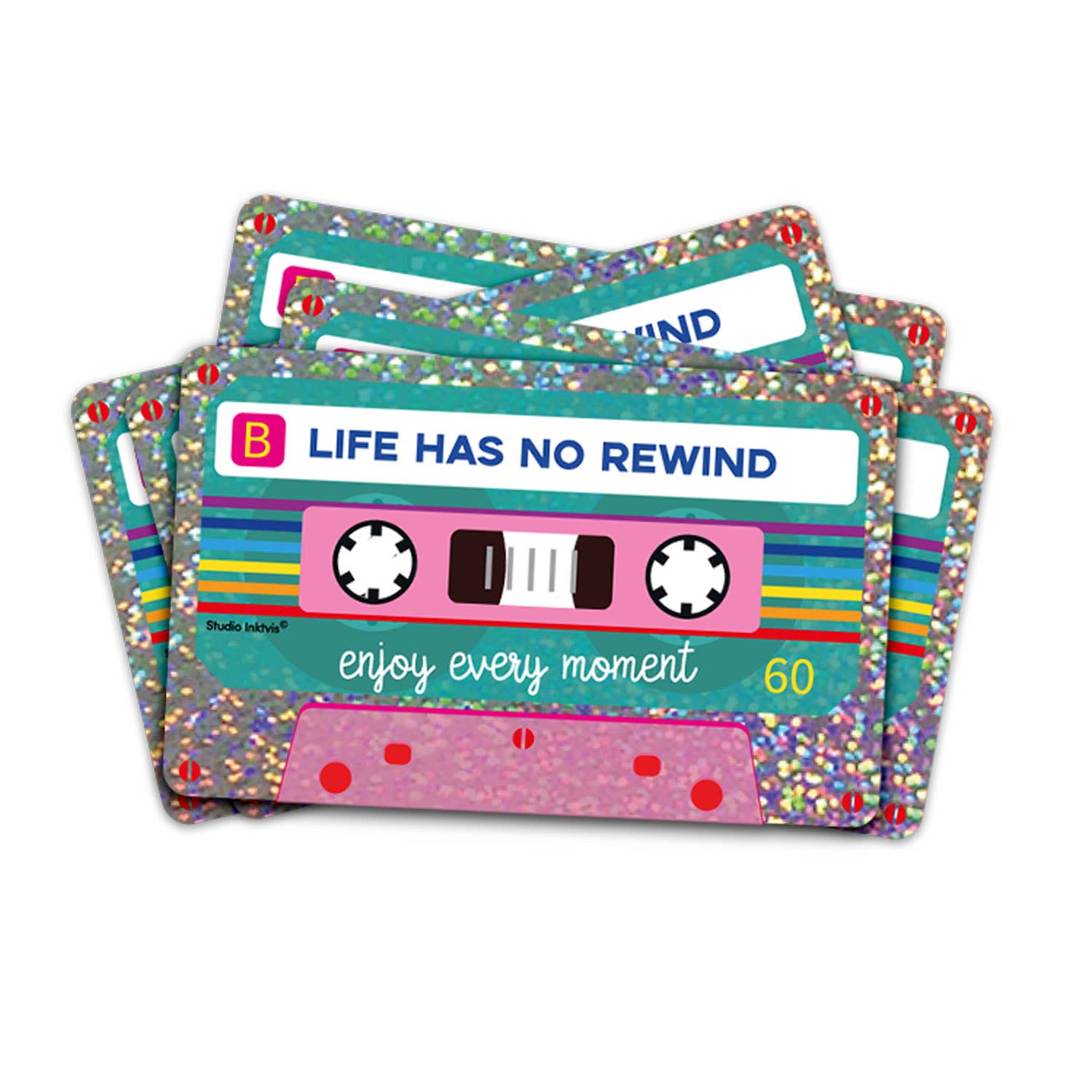Autocollant pailleté cassette « Life has no rewind »