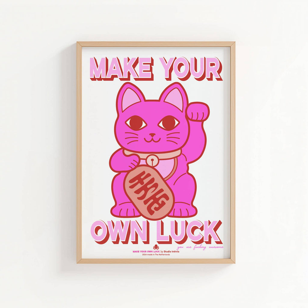 Affiche Riso Maneki Neko chat porte-bonheur rose néon - tirage art A3