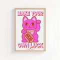 Affiche Riso Maneki Neko chat porte-bonheur rose néon - tirage art A3