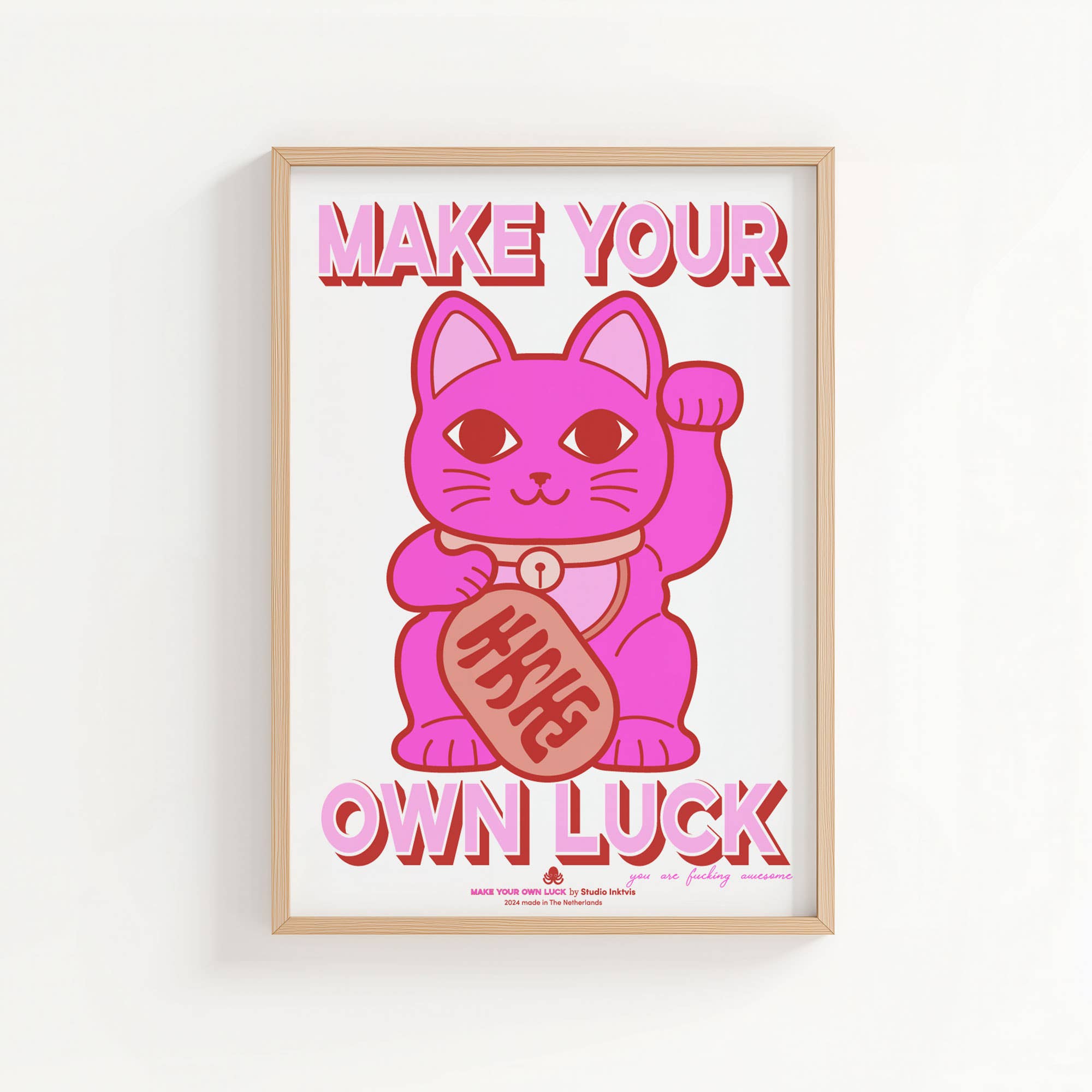 Affiche Riso Maneki Neko chat porte-bonheur rose néon - tirage art A3