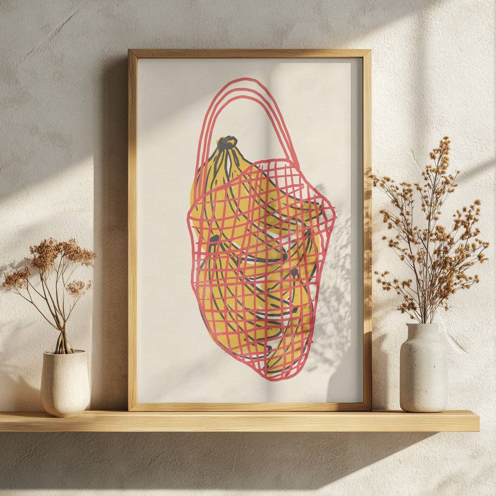Tirage d'art « Bananes dans un filet rouge » — Décor de cuisine naïf: Pas de cadre / 30 x 40 cm