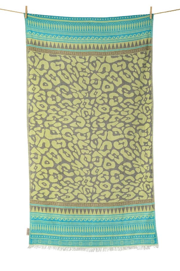 Serviette de plage Kastraki en coton, vert lime, anthracite et turquoise
