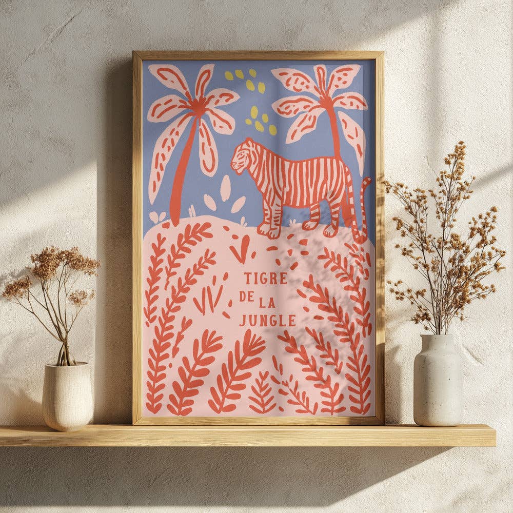 Impression d'art « Tigre rouge entre les palmiers » - Affiche folk naïve: No Frame / 30x40 cm
