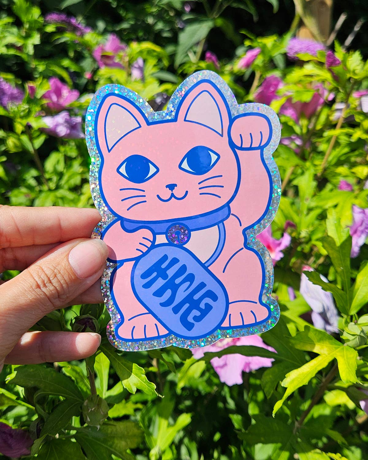 Autocollant pailleté Maneki Neko Chat porte-bonheur