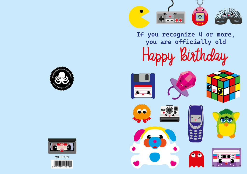 Carte d’anniversaire humoristique rétro années 80-90