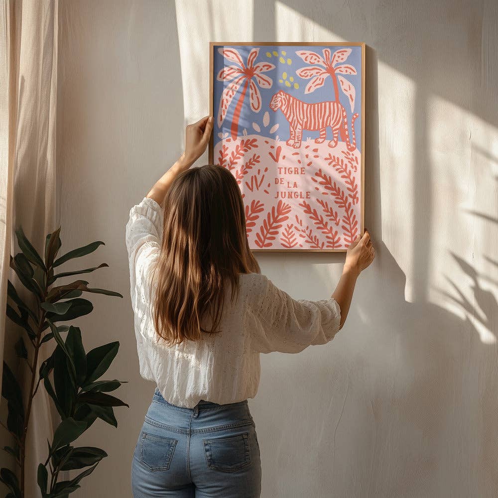 Impression d'art « Tigre rouge entre les palmiers » - Affiche folk naïve: No Frame / 30x40 cm