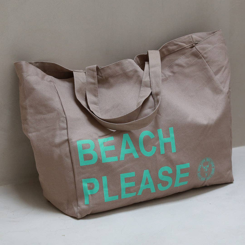 Sac de plage en toile taupe "Beach Please"