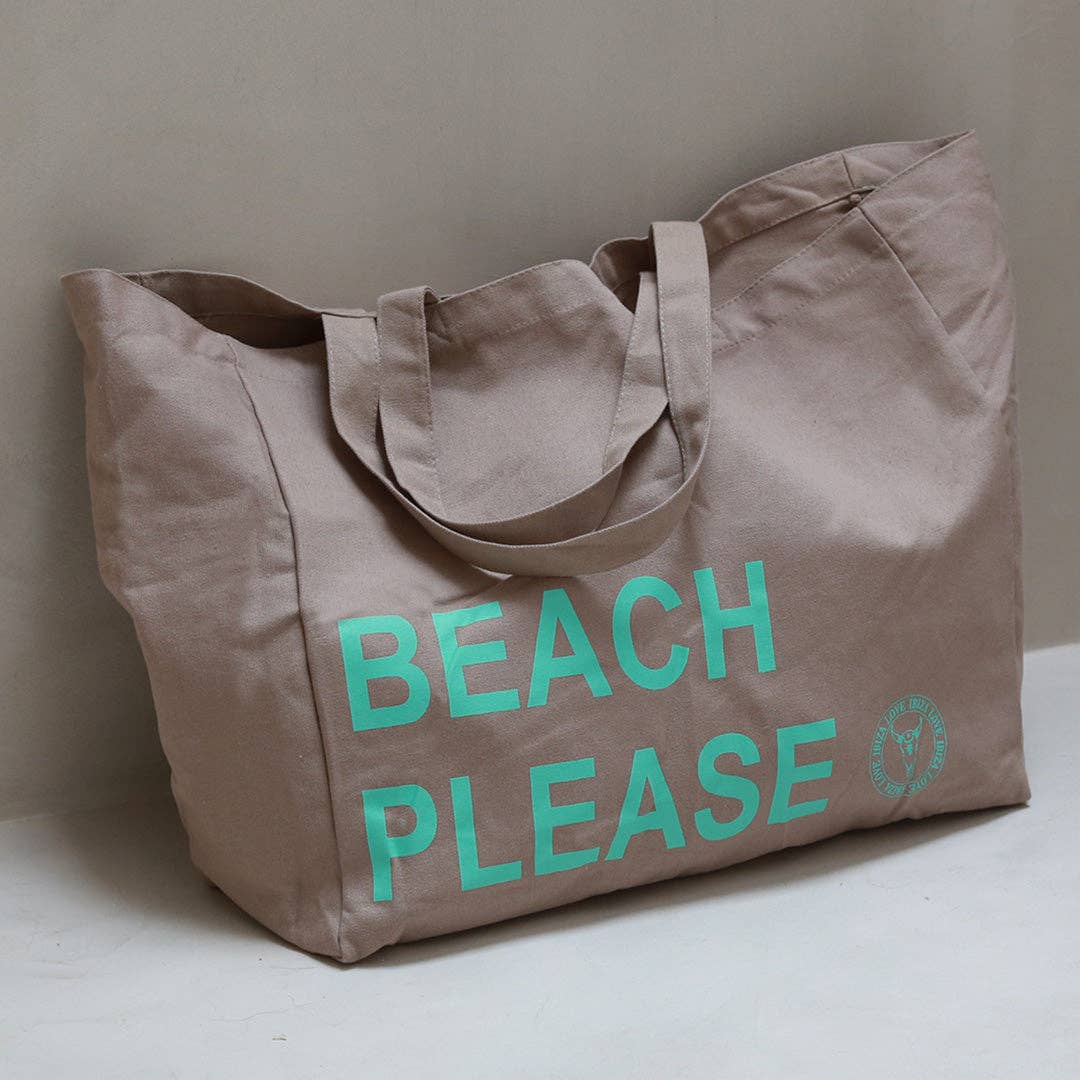 Sac de plage en toile taupe "Beach Please"
