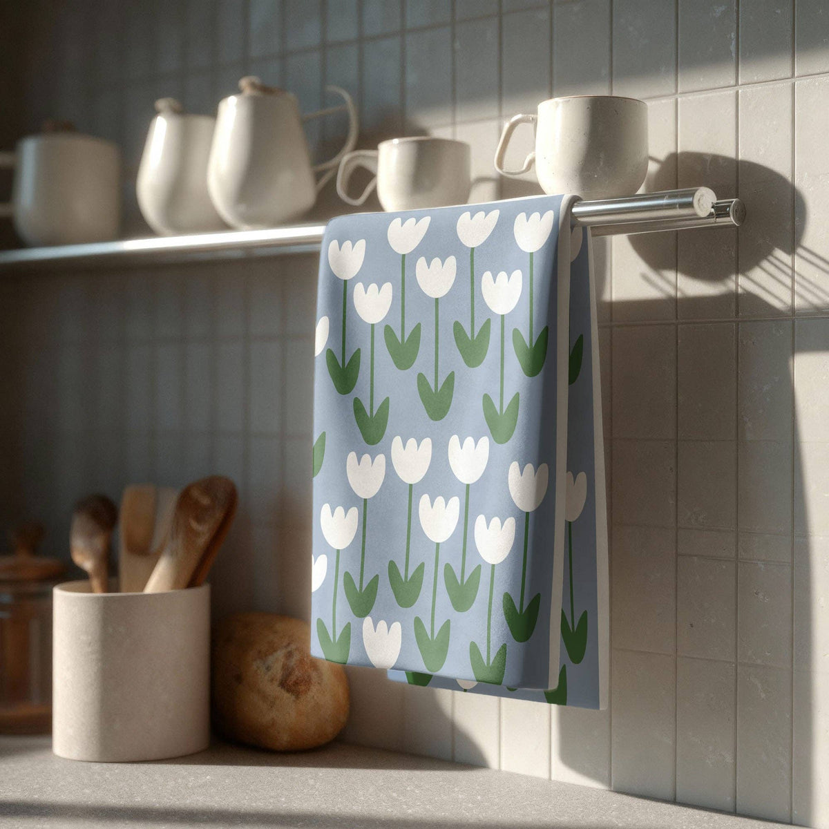 Torchon en coton bio - Tulipes blanches