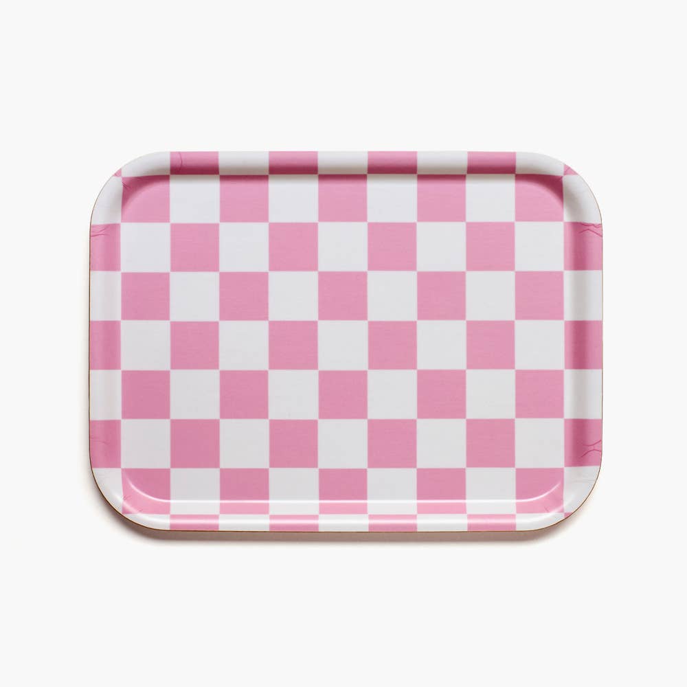 Plateau de service rectangulaire à carreaux framboise et crème - 27x20 cm