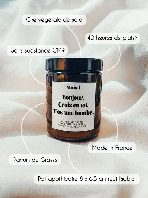 Bougie Parfumée - Bonjour. Crois en toi. T'es une bombe.: Bois Précieux