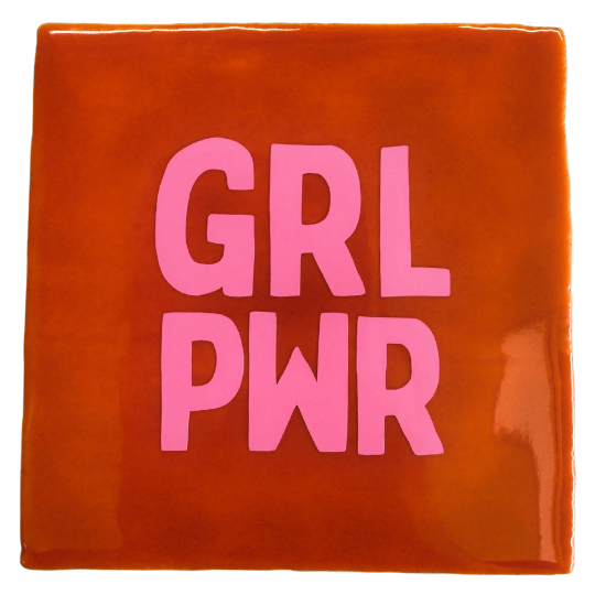 Carreau BLUDD® GRL PWR orange avec inscription rose, 10 x 10 cm