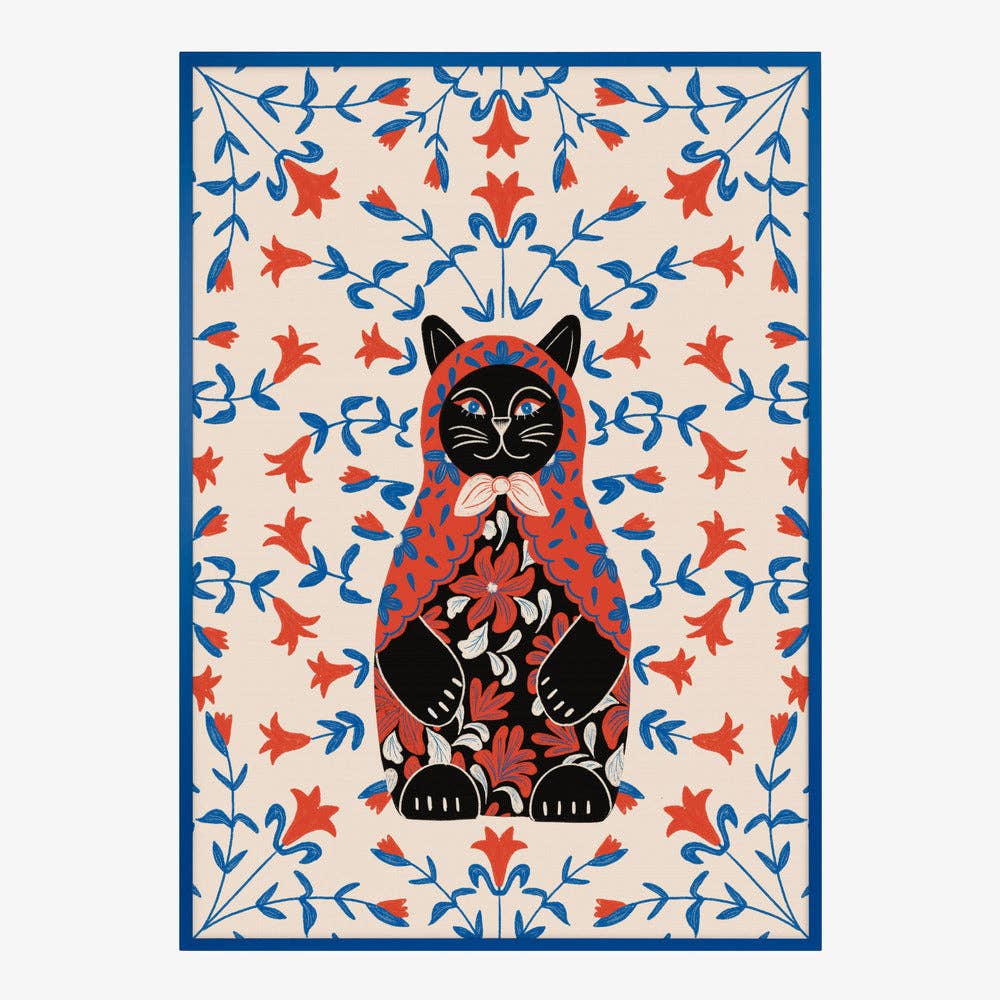 Affiche artistique — Portrait folklorique de chat en poupée russe — Décor folklorique naïf: Pas de cadre / 30 x 40 cm
