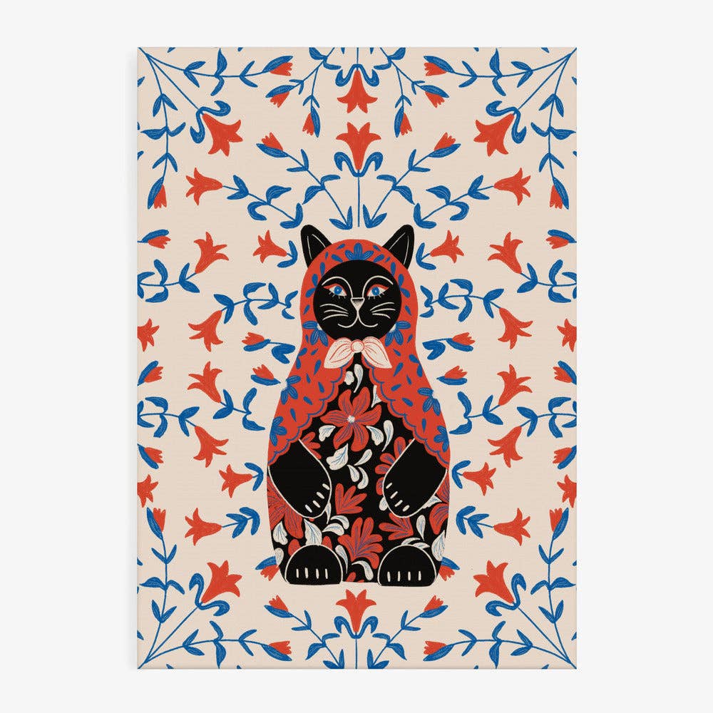 Affiche artistique — Portrait folklorique de chat en poupée russe — Décor folklorique naïf: Pas de cadre / 30 x 40 cm