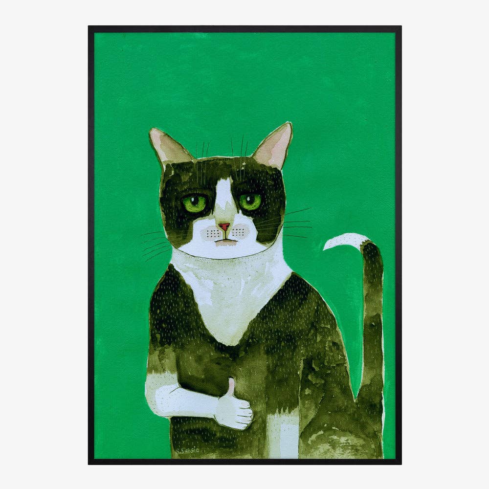 Affiche artistique — Chat en smoking, pouce levé : aquarelle fantaisiste: Pas de cadre / 30x40 cm