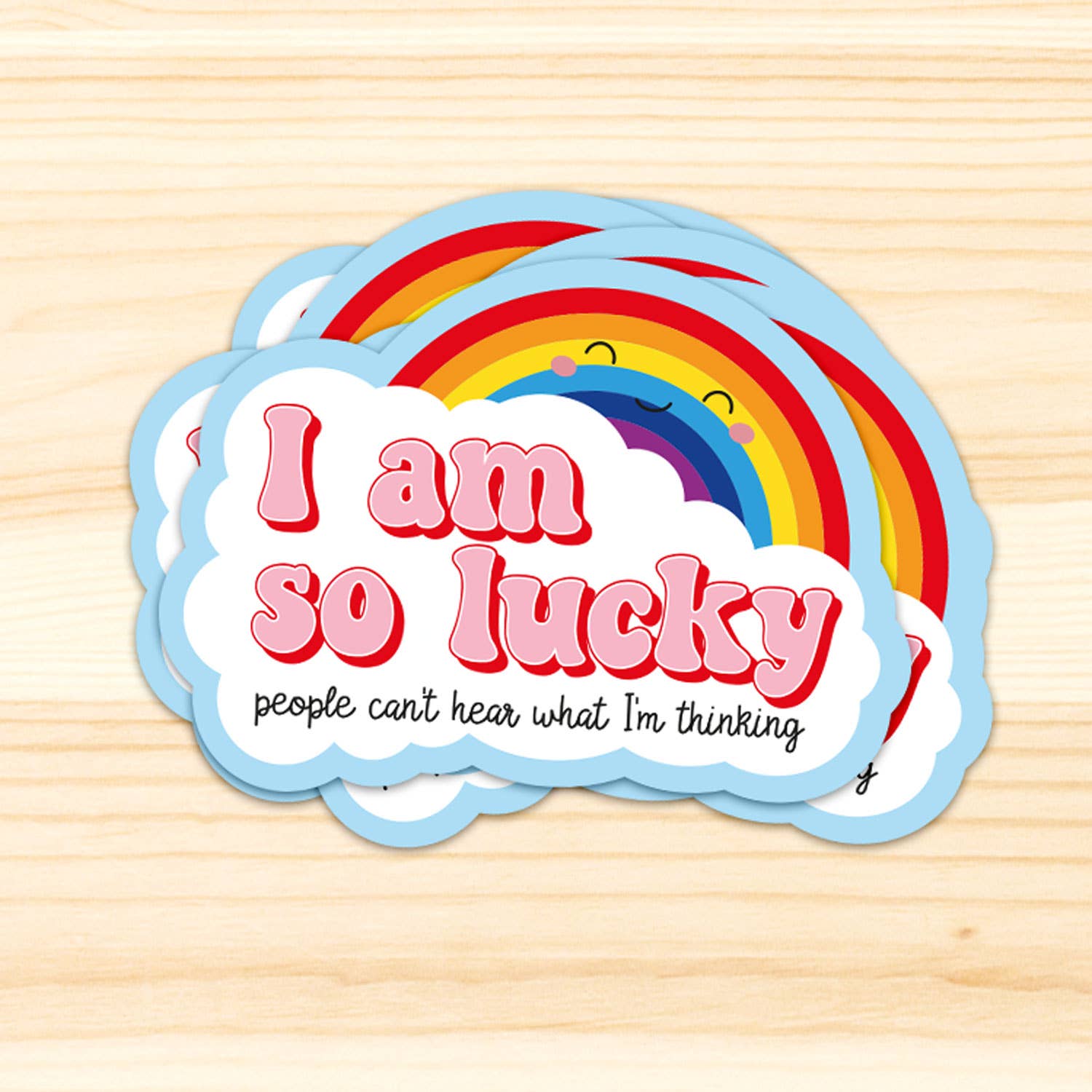 Autocollant « I am so lucky » avec arc-en-ciel et nuages