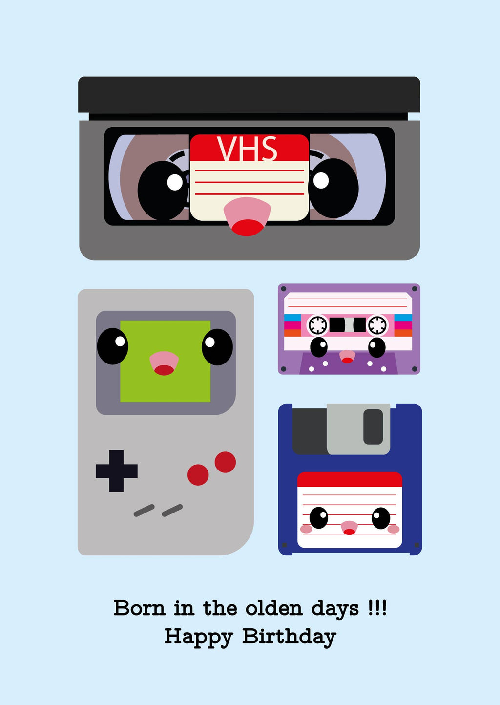 Carte d’anniversaire rétro VHS, disquette et cassette